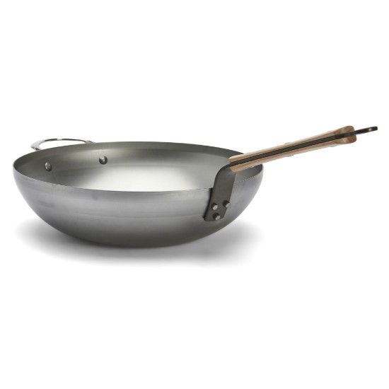 Round wok pan with handles, steel, 32 cm, "Mineral B Bois" - de Buyer
