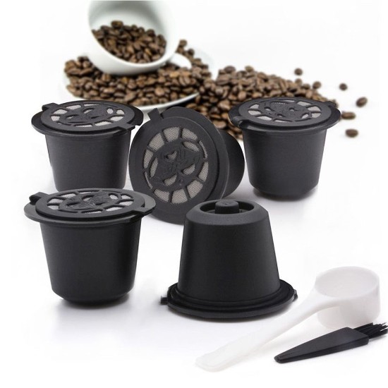 Set med 5 återanvändbara kaffekapslar, återanvändbara, med tillbehör - Quttin