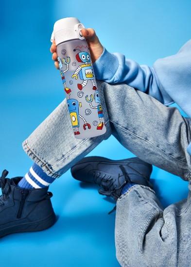 Botella de agua "Slim" para niños, recyclon™, 500 ml, Robots - Ion8