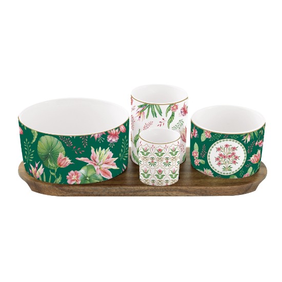 Conjunto de 4 tigelas de porcelana com bandeja de madeira, "Botanique Chic" - Nuova R2S