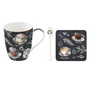 Mug with spoon, porcelain, with cork coaster, 350 ml, 'Barista' - Nuova R2S