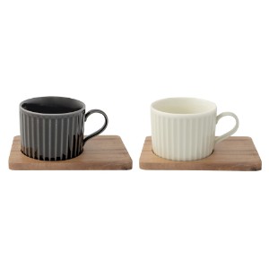 Set of 2 porcelain mugs with wooden stand, 250 ml, "Take a Break", Black/White - Nuova R2S