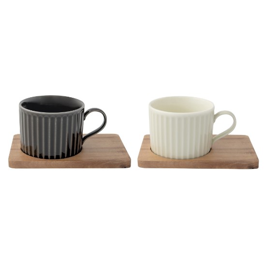 Set de 2 tazas de porcelana con soporte de madera, 250 ml, "Take a Break", Negro/Blanco - Nuova R2S