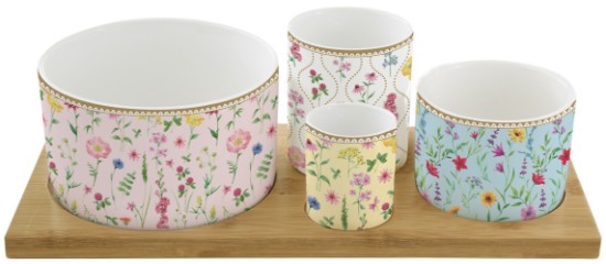 Set of 4 pieces for appetizer serving, with bamboo holder, "Meadow Flowers" - Nuova R2S