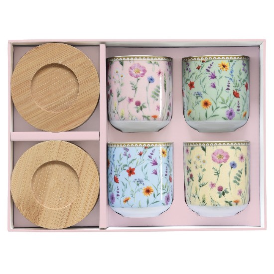 Set of 4 coffee cups, porcelain, 110 ml, with bamboo saucers, "Meadow Flowers" - Nuova R2S