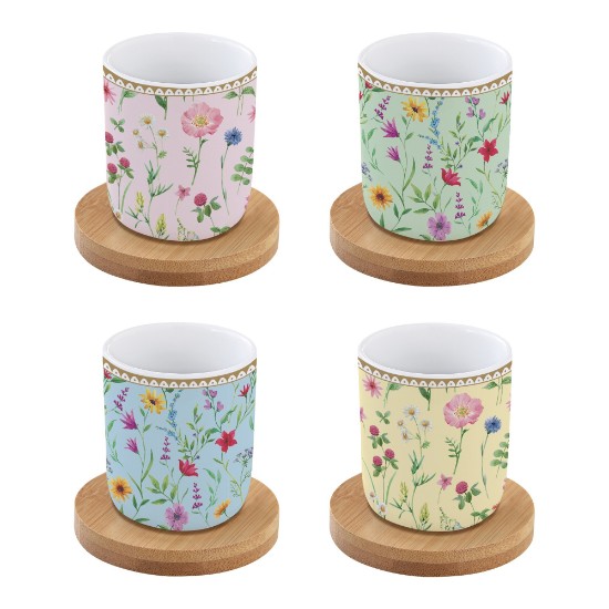 4 kavos puodelių rinkinys, porcelianas, 110 ml, su bambuko lėkštutėmis, "Meadow Flowers" - Nuova R2S