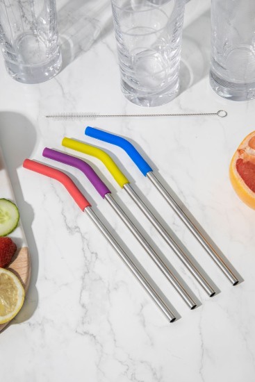 Set of 4 stainless steel straws, 23 cm and cleaning brush - made by Kitchen Craft