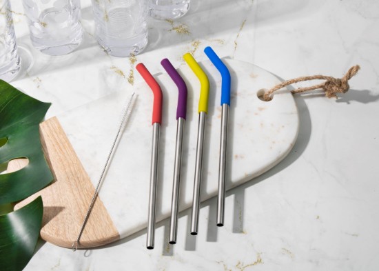 Set of 4 stainless steel straws, 23 cm and cleaning brush - made by Kitchen Craft