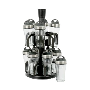 Set of 12 spice containers, made from glass, with metal stand