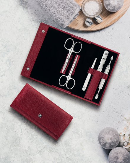 Conjunto de manicure de 5 peças, aço inoxidável acetinado, estojo de couro vermelho, PREMIUM - Zwilling