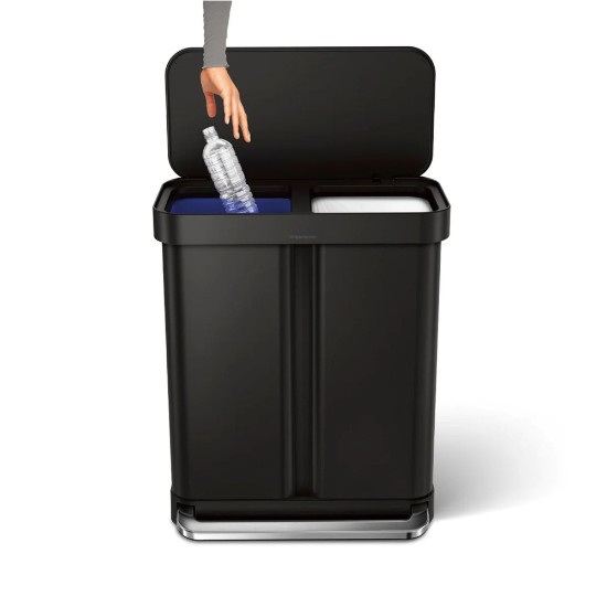 Pedal trash can, dual-compartment, 58 L, stainless steel, Matte Black - simplehuman