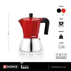 Kaffeemaschine, Edelstahl/Aluminium, 370 ml, Rot - Monix