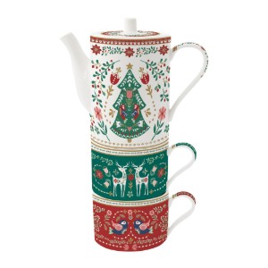 Zestaw do serwowania herbaty, 3-częściowy, porcelana, "Christmas Folk" - Easy Life