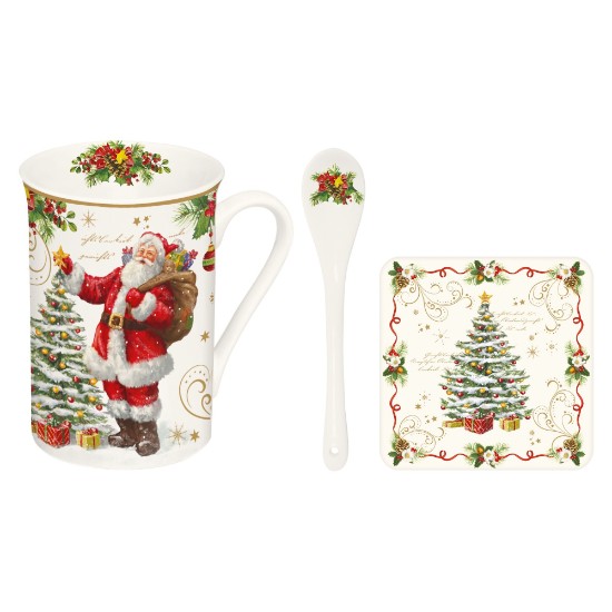 Mug with teaspoon for sugar, and mug holder, porcelain , 250 ml, "Magic Christmas" - Nuova R2S