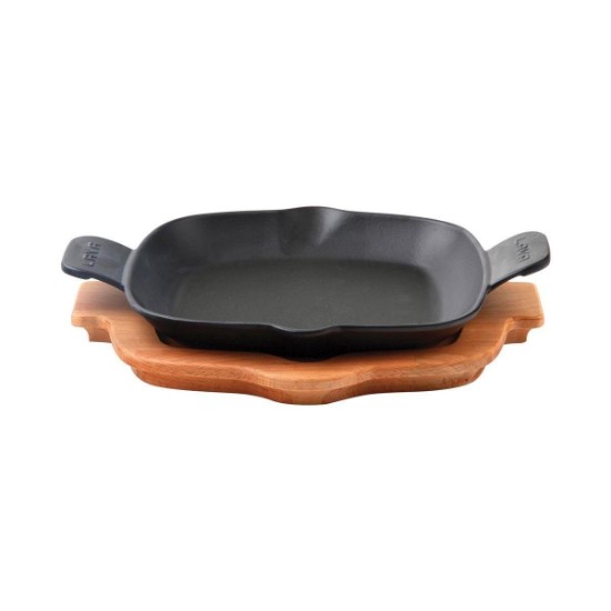 Cast iron frying pan, 26x26cm, with wooden stand - LAVA brand