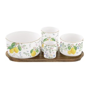 Zestaw 4 porcelanowych miseczek z drewnianą tacą do serwowania, "Fleurs et Citrons" - Easy Life