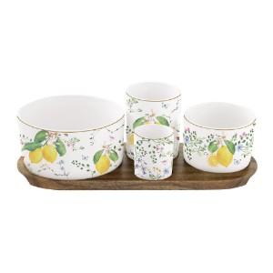 Sada 4 porcelánových misek, s dřevěným servírovacím podnosem, "Fleurs et Citrons" - Nuova R2S