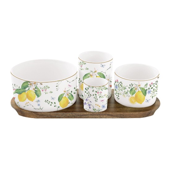 Lot de 4 bols en porcelaine, avec plateau de service en bois, "Fleurs et Citrons" - Nuova R2S