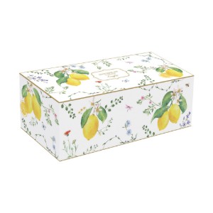 Zestaw 4 porcelanowych miseczek z drewnianą tacą do serwowania, "Fleurs et Citrons" - Easy Life