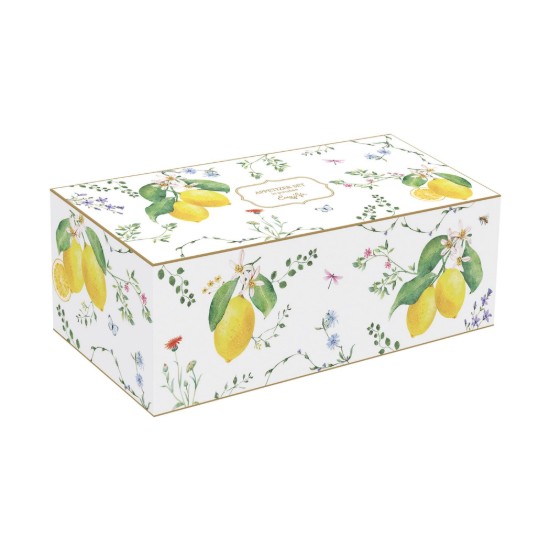 Zestaw 4 porcelanowych miseczek z drewnianą tacą do serwowania, "Fleurs et Citrons" - Easy Life
