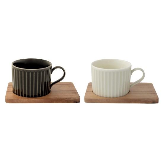 Set de 2 tasses en porcelaine avec support en bois, 250 ml, "Take a Break", Noir/Blanc - Nuova R2S