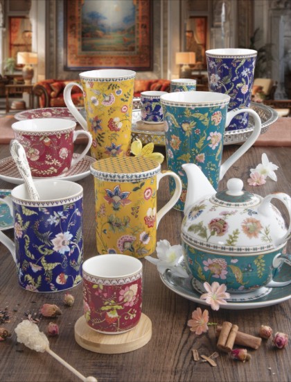 4 porcelāna krūzīšu komplekts, 110 ml, ar bambusa apakštasītēm, "Magie D'Orient" - Easy Life