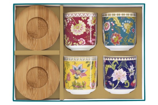 4 porcelāna krūzīšu komplekts, 110 ml, ar bambusa apakštasītēm, "Magie D'Orient" - Easy Life