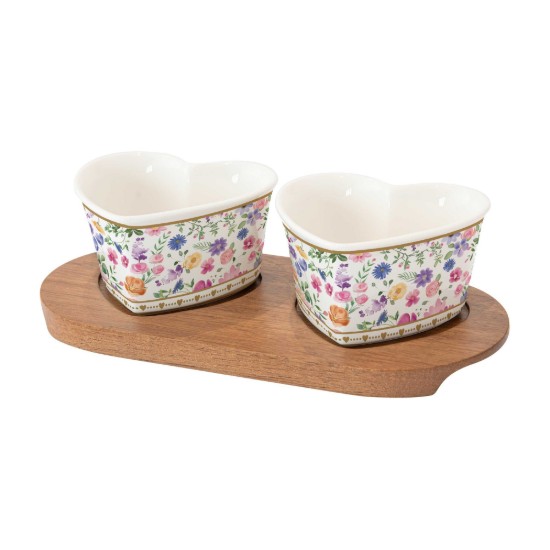 2-piece appetizer bowl set, with acacia wood stand, "Mon Amour" - Easy Life