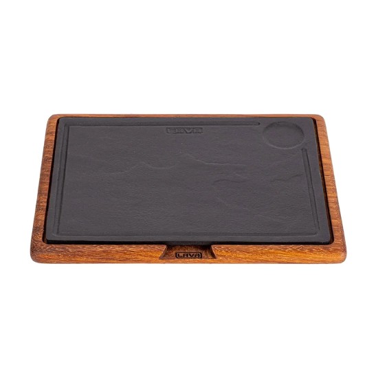 Platter for serving, cast iron, with wooden base, 24 x 33 cm - LAVA