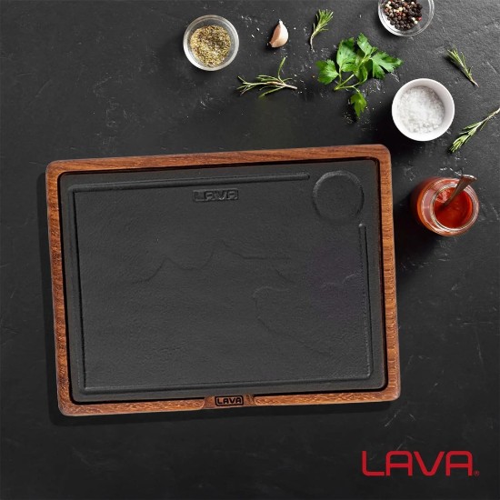 Platter for serving, cast iron, with wooden base, 24 x 33 cm - LAVA