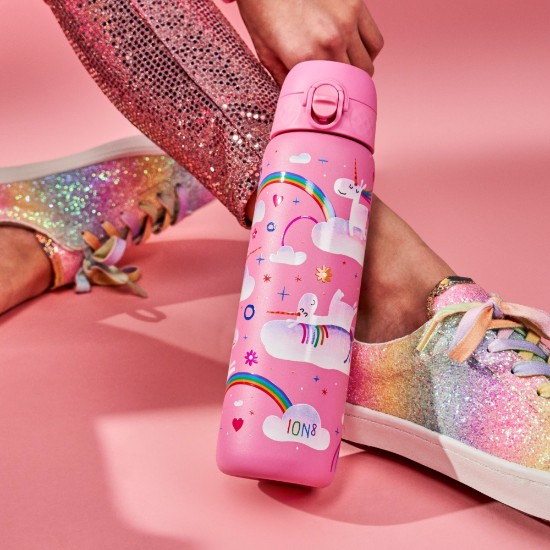 "Slim" vannflaske for barn, rustfritt stål, 600 ml, Unicorn Rainbows - Ion8