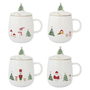 Mug with lid and metal infuser, porcelain, embossed design, 450ml, "Let it Snow" - Nuova R2S