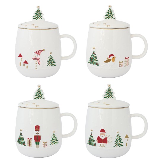 Tazza con coperchio e infusore in metallo, porcellana, motivo a rilievo, 450ml, "Let it Snow" - Nuova R2S