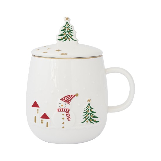 Tazza con coperchio e infusore in metallo, porcellana, motivo a rilievo, 450ml, "Let it Snow" - Nuova R2S