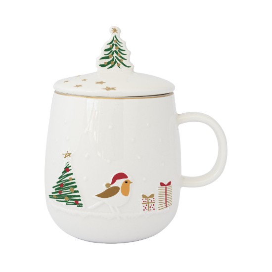 Tazza con coperchio e infusore in metallo, porcellana, motivo a rilievo, 450ml, "Let it Snow" - Nuova R2S