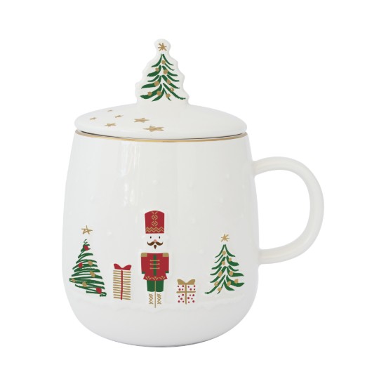 Tazza con coperchio e infusore in metallo, porcellana, motivo a rilievo, 450ml, "Let it Snow" - Nuova R2S