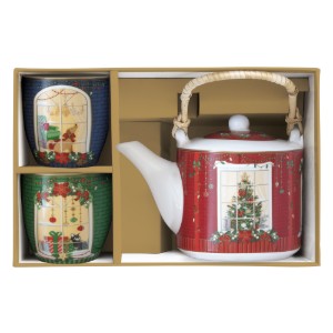 Porcelain teapot, 600 ml, with infuser and 2 teacups, "Festive Avenue" - Nuova R2S