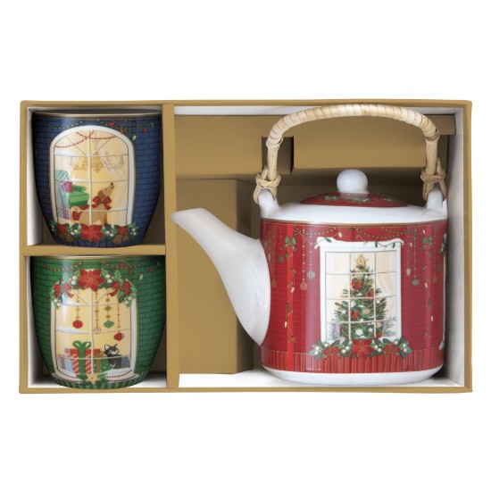 Porcelain teapot, 600 ml, with infuser and 2 teacups, "Festive Avenue" - Nuova R2S
