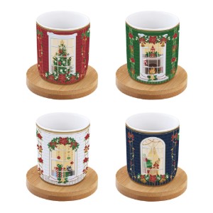 Set of 4 porcelain cups, 110 ml, with bamboo saucers, "Festive Avenue" - Nuova R2S