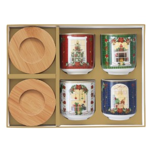 Set of 4 porcelain cups, 110 ml, with bamboo saucers, "Festive Avenue" - Nuova R2S