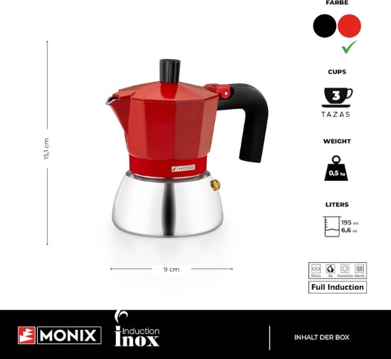 Cafetera de acero inoxidable/aluminio, 195 ml, color rojo - Monix