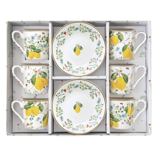Sada 6 šálků na kávu s podšálky, porcelán, 100 ml, "Fleurs et Citrons" - Nuova R2S