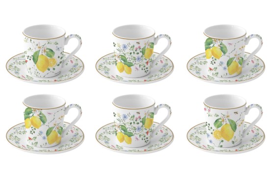 Sada 6 šálků na kávu s podšálky, porcelán, 100 ml, "Fleurs et Citrons" - Nuova R2S