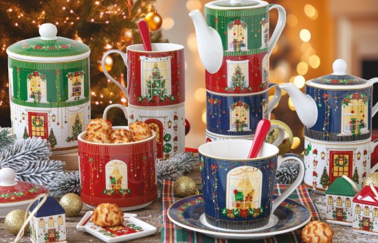 Porcelain teapot, 600 ml, with infuser and 2 teacups, "Festive Avenue" - Nuova R2S