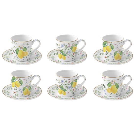 Sada 6 šálků na kávu s podšálky, porcelán, 100 ml, "Fleurs et Citrons" - Nuova R2S