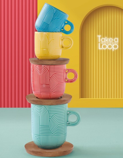 2'li porselen kupa seti, 250 ml, akasya tabağı ile, "Take a Loop", Mavi/Yeşil - Nuova R2S