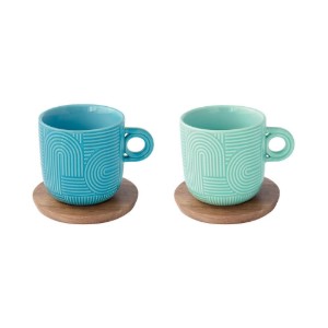 2'li porselen kupa seti, 250 ml, akasya tabağı ile, "Take a Loop", Mavi/Yeşil - Nuova R2S