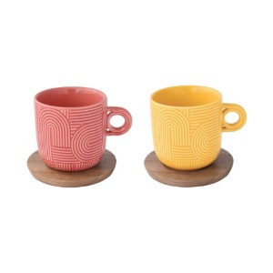 2'li porselen kupa seti, 250 ml, akasya tabağı ile, "Take a Loop", Kırmızı/Turuncu - Nuova R2S