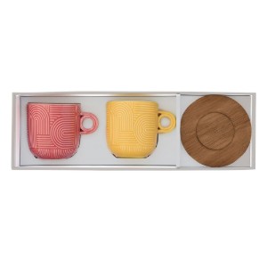 2'li porselen kupa seti, 250 ml, akasya tabağı ile, "Take a Loop", Kırmızı/Turuncu - Nuova R2S
