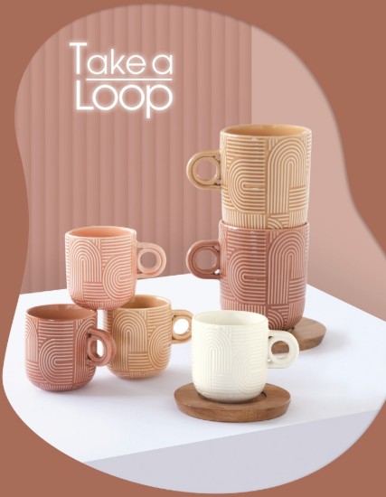 4'lü kahve fincanı seti, porselen, 110 ml, akasya tabağı ile, "Take a Loop" - Nuova R2S